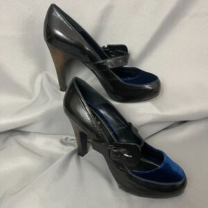 Gothic Vamp Mary Jane Shoes Women's Pump 41‎ Black Leather Velour Buckle Strap